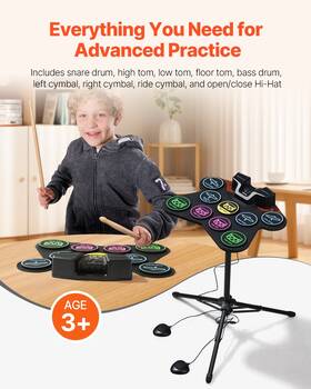 9-pad Vevor 197988483670 Electric Drum Set Stand Built-in Dual Speakers Light Up Sticks For Kids