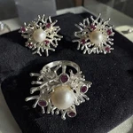 Vintage Silver Pearl And Natural Ruby Gemstone Earrings Jewelry Set. Fixed Price $289.00.