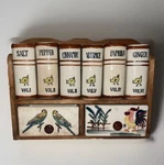 Vtg Fred Rogers Japan 1950S Wooden & Ceramic Spice Rack Chicks Roosters Birds. Fixed Price $39.99.