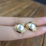 Vintage Triangle Costume Jewelry Earrings Gold-tone Black Strip Faux Pearl. Fixed Price $17.99.