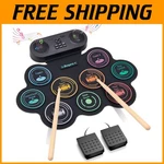 Portable 9 Pad Electric Drum Set With Dual Stereo Speakers - Ideal For Beginners. Fixed Price $69.99.