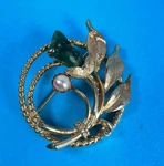Vtg Sarah Coventry Signed Brushed Gold With Stone & Faux Pearl Brooch Pin C249. Fixed Price $12.00.