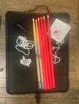 Drummer Girl 3 Pair Pink Blue Drumsticks 2 Strands Pearl Bag Cute Stickers. Fixed Price $49.95.