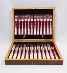 Antique English 24 Pcs Etched Epns Silverware Repousse Mother Of Pearl In Box. Fixed Price $799.95.